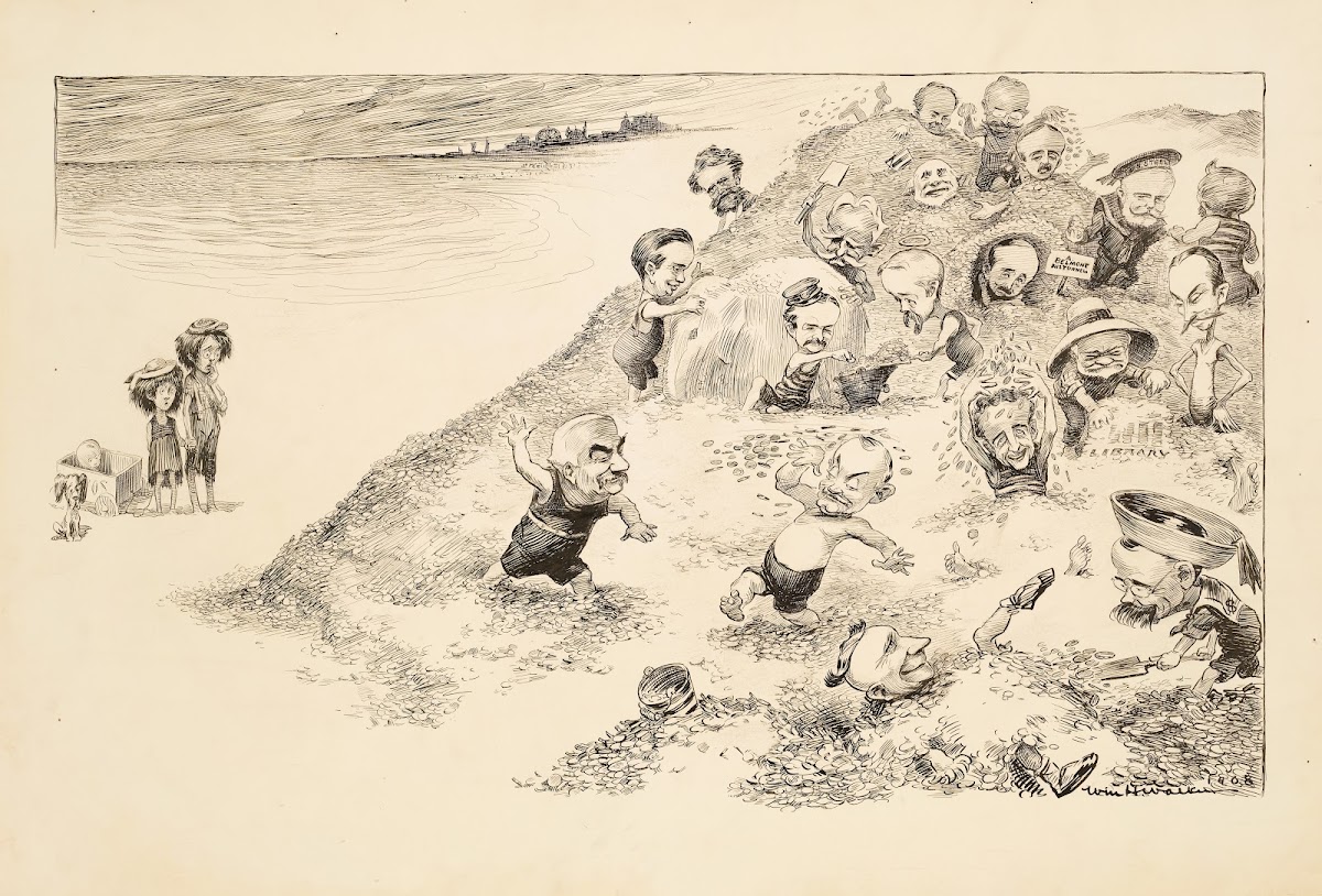 Men including Andrew Carnegie play on a beach made of coins watched by three poo