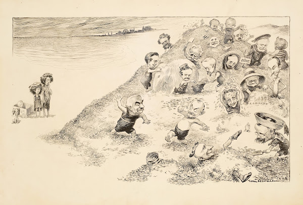 Men including Andrew Carnegie play on a beach made of coins watched by three poo