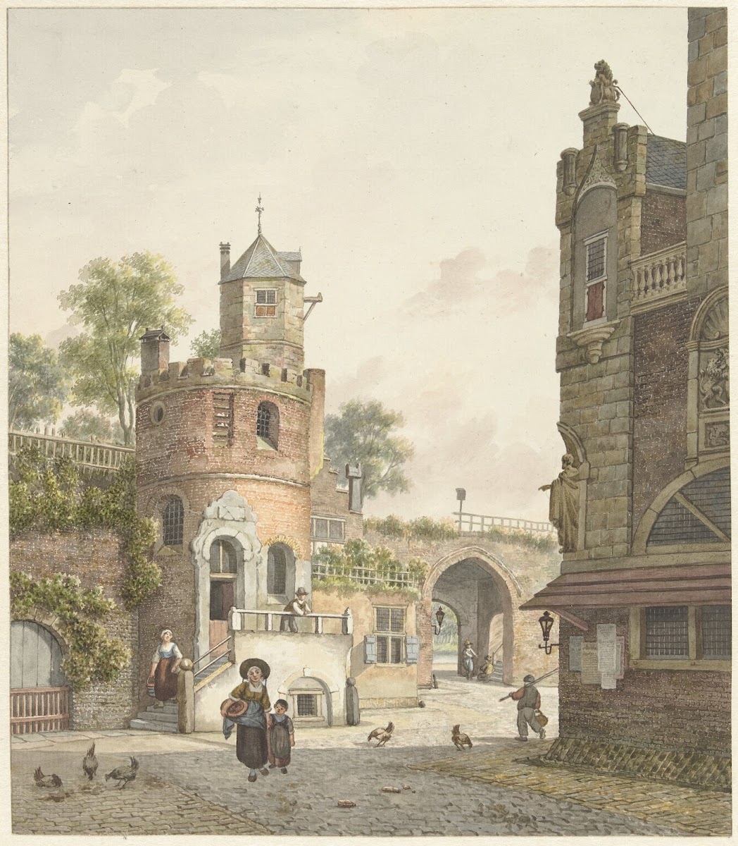 Stadsmuur met een toren en een poort van binnen gezien 1788   1846