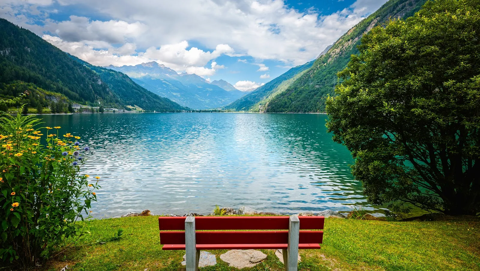 Red Bench by Alpine Lake - Landscape Photography 5K Wallpaper (5992x3383)