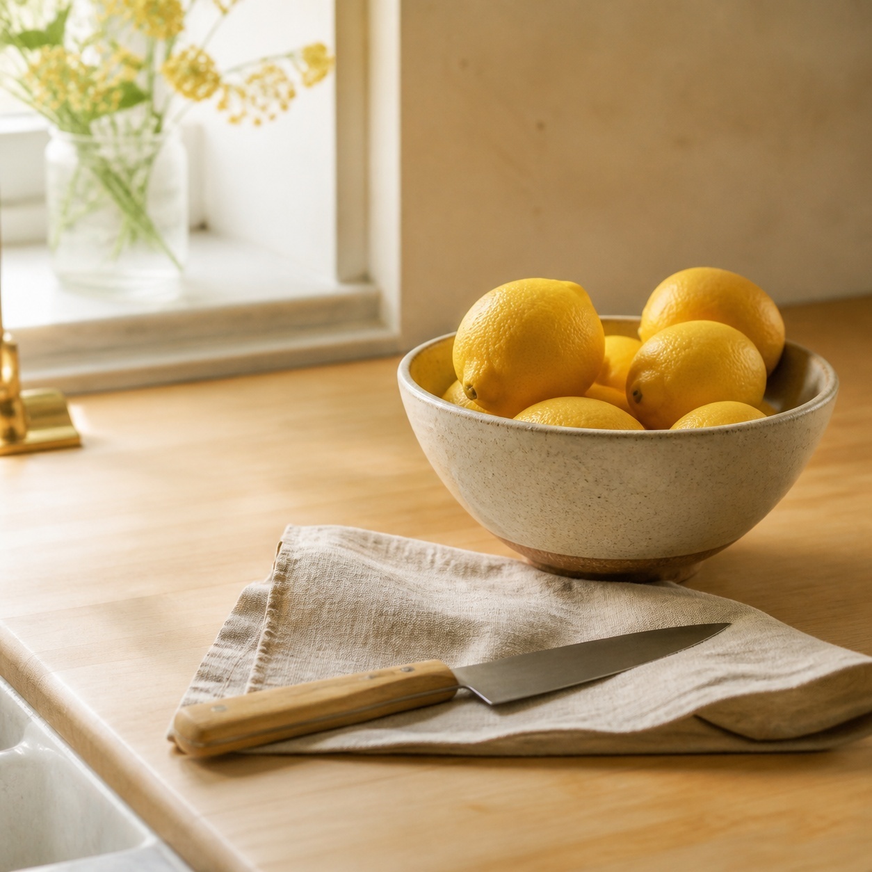 things I stopped buying simple living — simple kitchen counter with lemons and one good knife