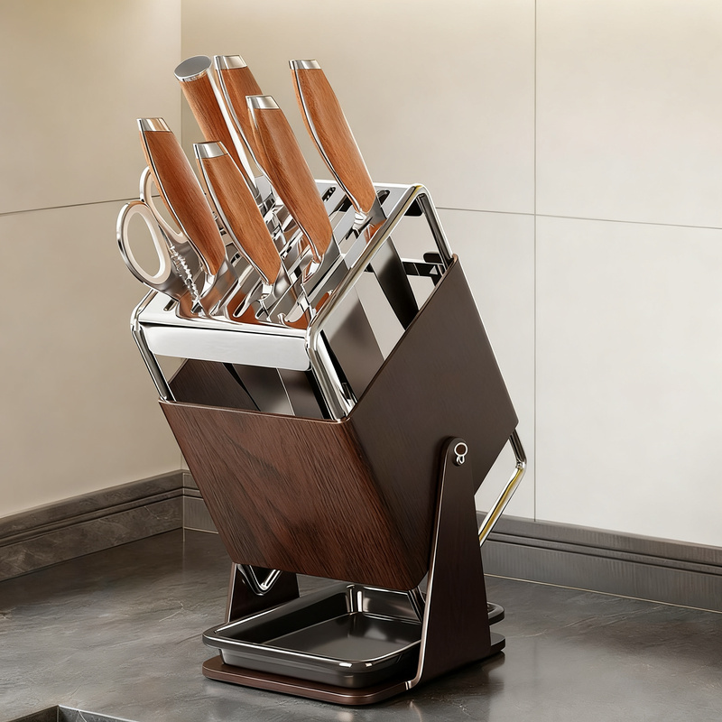 Rotating stainless steel knife block with accessories