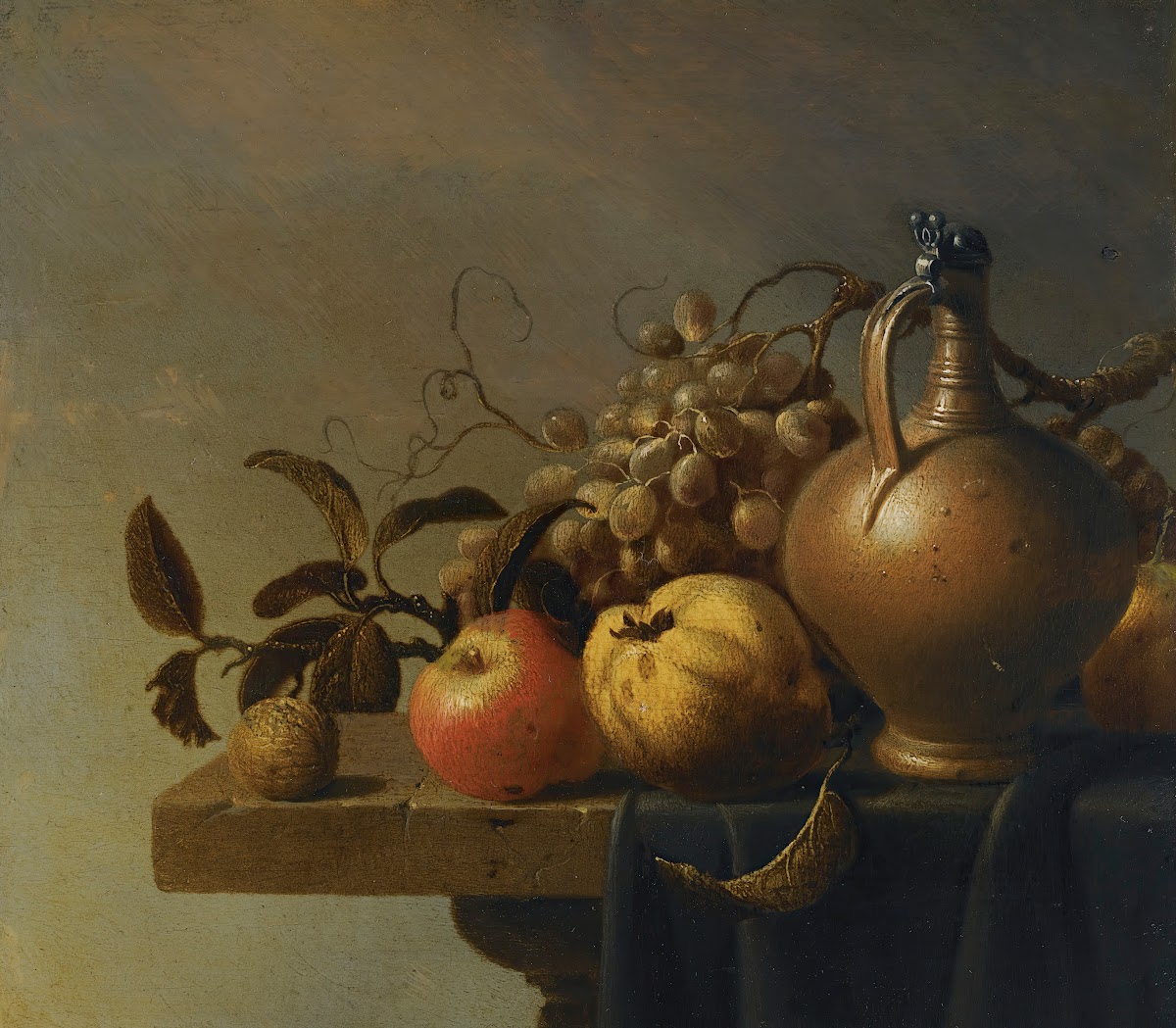 Still Life With A Ewer And Some Fruit On A Partly Draped Stone Ledge