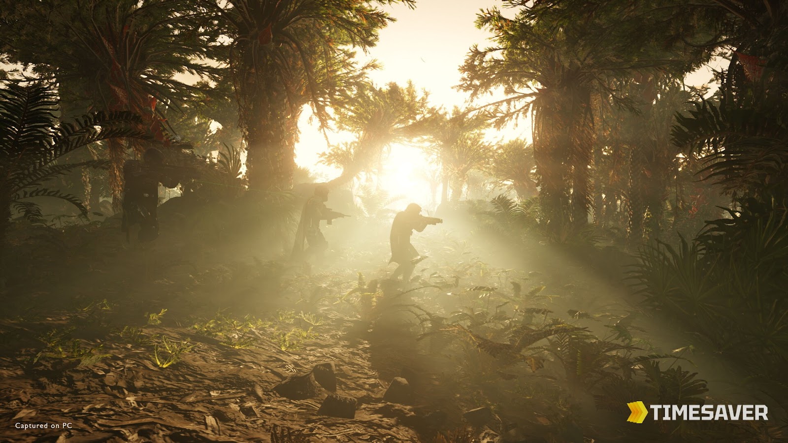 Two Helldivers 2 troopers advancing as a squad through a sunlit jungle