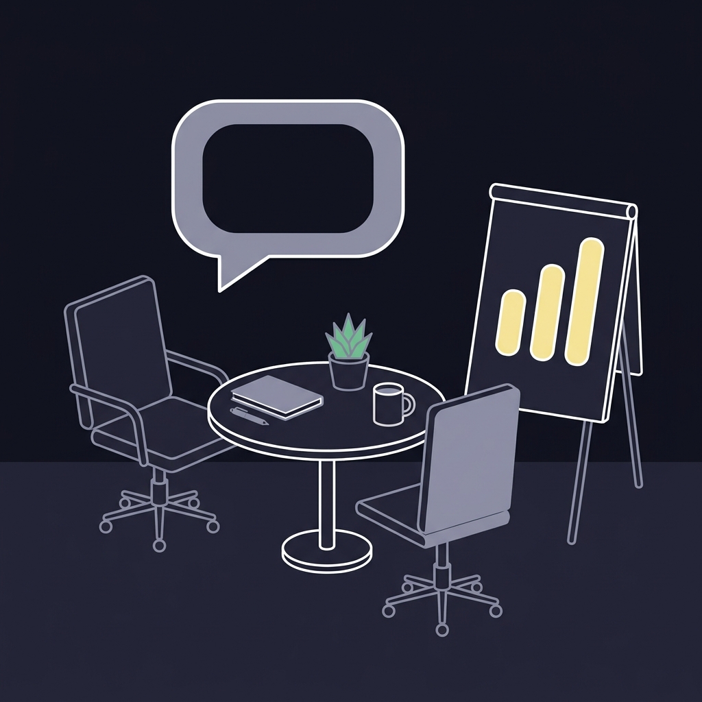 Minimal 2D vector office scene with two chairs table notebook chart and speech bubble suggesting a coaching session How to Recognize When Competition Becomes Harmful