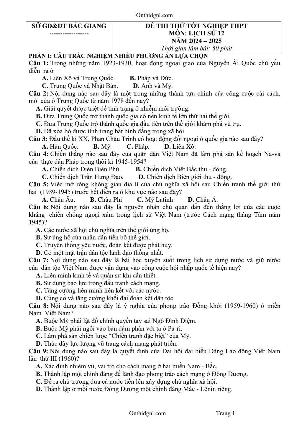 Đề Thi Thử Tốt Nghiệp 2025 Lịch Sử Sở GD Bắc Giang Giải Chi Tiết pdf