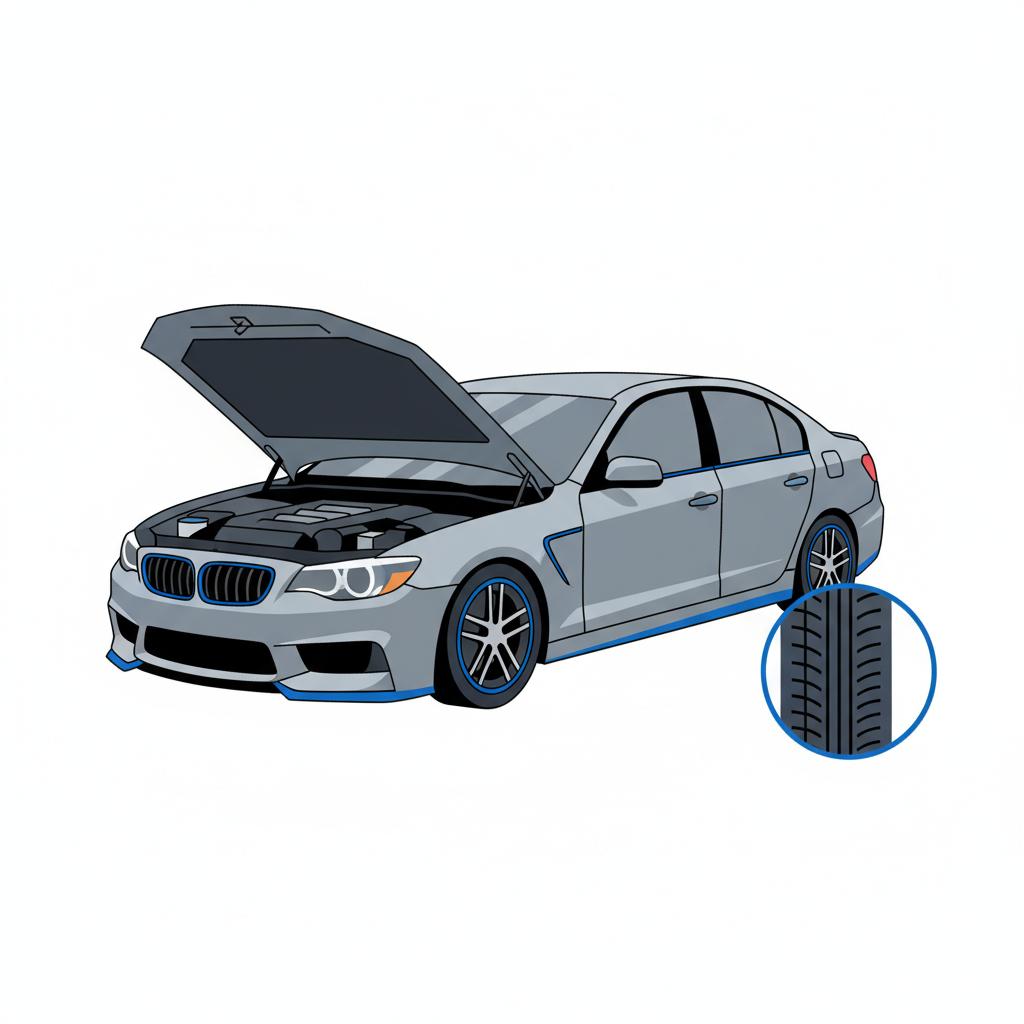 Minimalist 2D vector of a used sedan with open hood and close up tire detail in CarFax Deals colors white background and blue accents used chargers near me