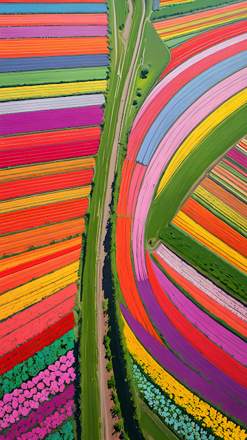 Aerial View Vibrant Tulip Fields Geometric Landscape