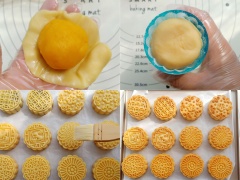 Lấy một phần vỏ bánh ấn dẹp, cho 1 viên nhân vào và bọc kín lại. Lăn viên vánh qua chút bột mì rồi cho vào khuôn bánh trung thu tạo hình. Làm như vậy đến khi hết nguyên liệu. Cho bánh lên khay nướng có lót giấy nến, xịt một ít nước lên mặt bánh và cho vào lò nướng đã làm nóng ở 200 độ C. Nướng bánh khoảng 5 phút thì lấy, phết một lớp lòng đỏ trứng lên bánh rồi cho trở lại lò nướng tiếp 8 phút nữa hay đến khi bánh chín vàng nâu bên ngoài là hoàn thành nha.