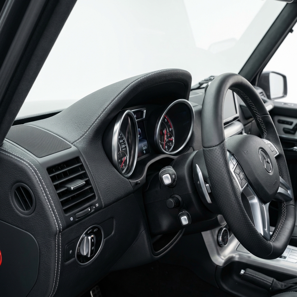 g wagon for sale interior close up of luxury dashboard and instrument cluster highlighting leather stitching and brushed metal trim on white background