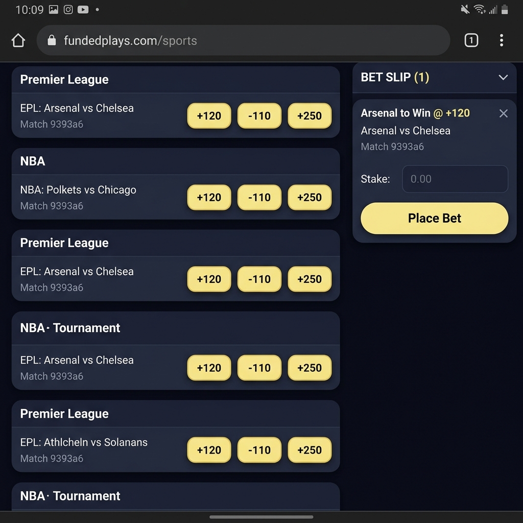 Cropped mobile sportsbook screenshot showing event list and bet slip on betnet ag mobile in Funded Plays dark theme with white headlines and gold accents