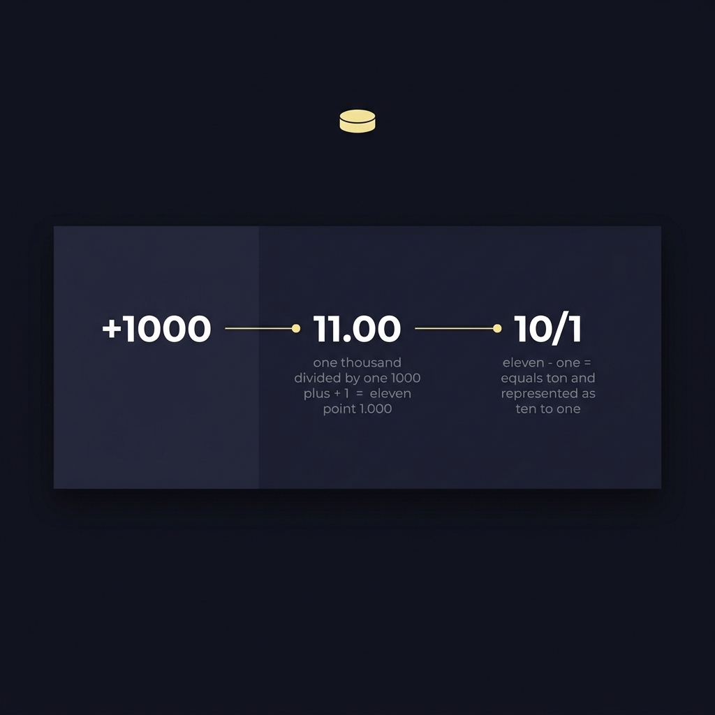 Minimalist infographic converting plus 1000 to decimal 11.00 to fractional 10 to 1 with small math steps for stanley cup betting odds