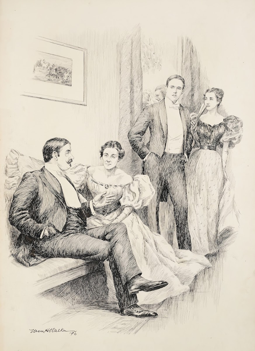 At a party an older couple sit together while a younger couple walk passed them