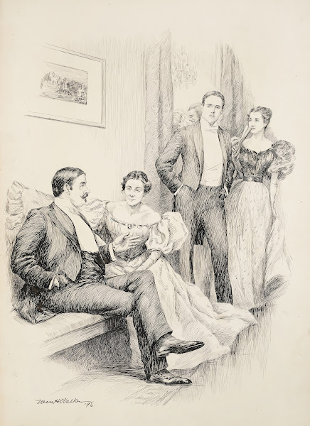 At a party an older couple sit together while a younger couple walk passed them