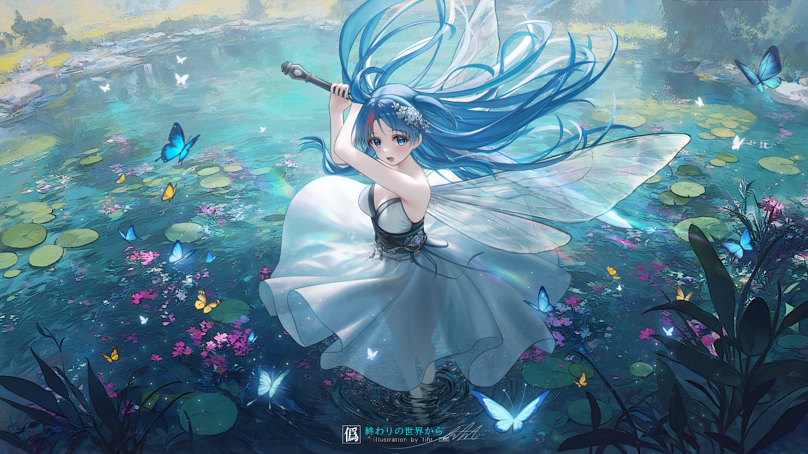 Blue Haired Fairy In Pond 4K Desktop Wallpaper