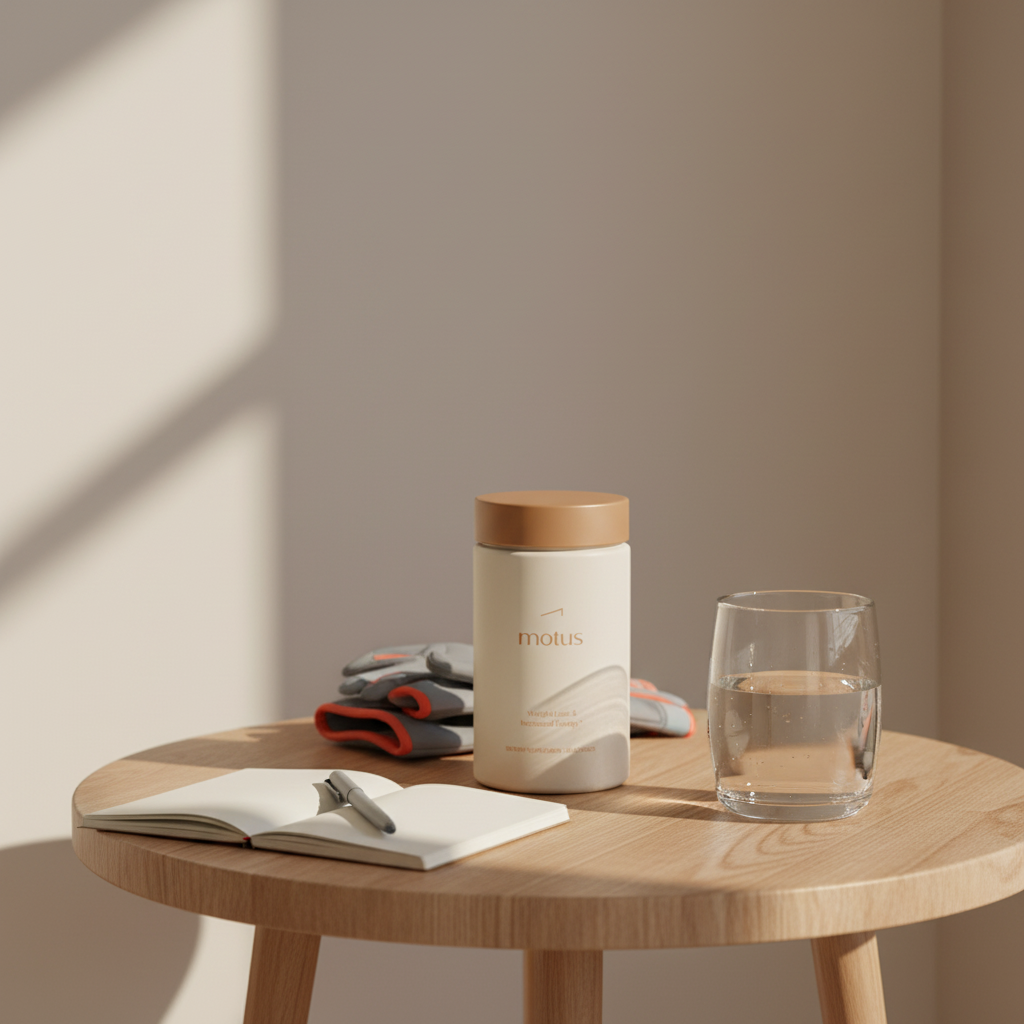 Tonum Motus jar on a round wooden table with water, notepad, and training gloves, portraying a morning fat burner and pre-workout routine for weight loss