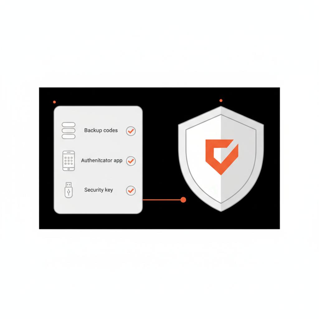 Minimal vector infographic of checklist and shield icons illustrating preventive tips to recover Gmail password: backup codes, authenticator app, and security key.