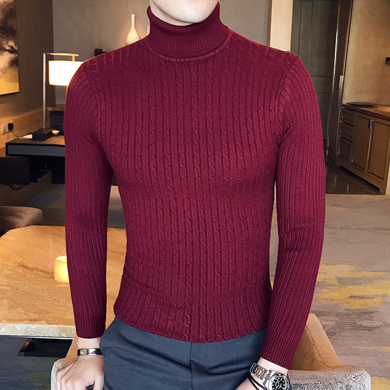 Men's knit sweater with turtleneck and cable pattern