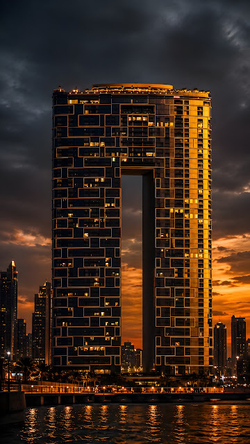 A tall modern skyscraper with a large hollow rectangular cutout, illuminated at dusk against a golden sunset and water body.