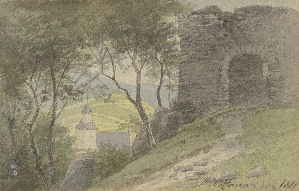 Falkenstein Ansicht der Ruine mit der Kirche im Tal 1880