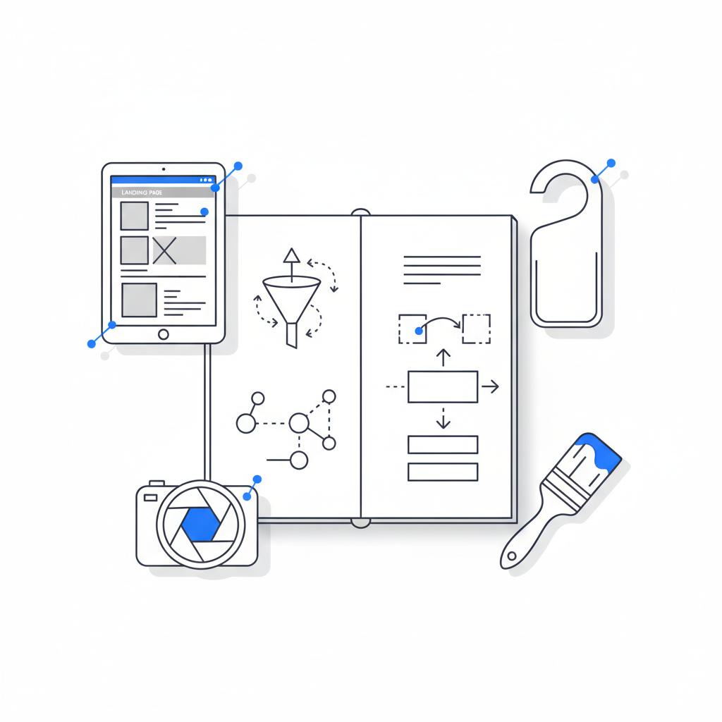 Flat-lay vector illustration of painter marketing tools on a sketched notebook: tablet wireframe, door-hanger mockup, camera lens and paint brush with marketing diagrams &mdash; how do I advertise my painting services?
