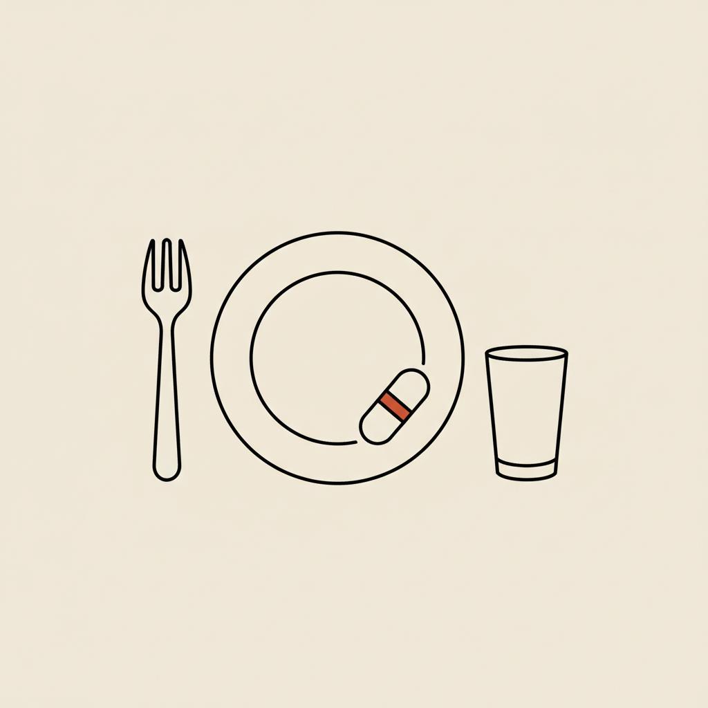 Minimalist Tonum-style line illustration of a plate, fork, water glass and single capsule on beige background representing the 80% rule in eating