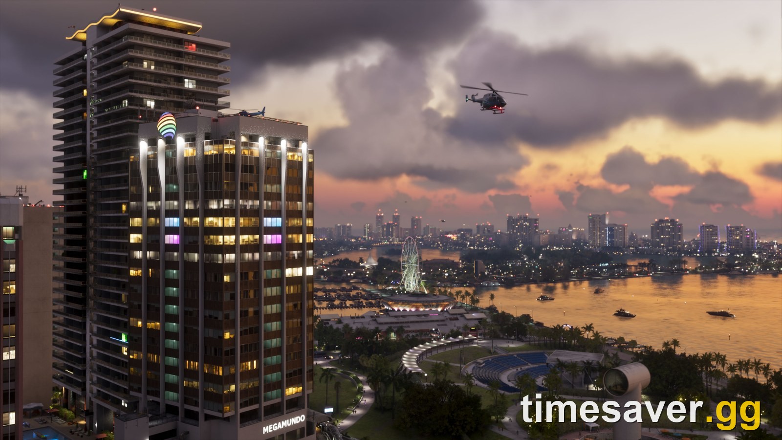 Official GTA 6 screenshot of the Vice City skyline at sunset with a Ferris wheel on the bay, a helicopter and a Megamundo tower in the foreground