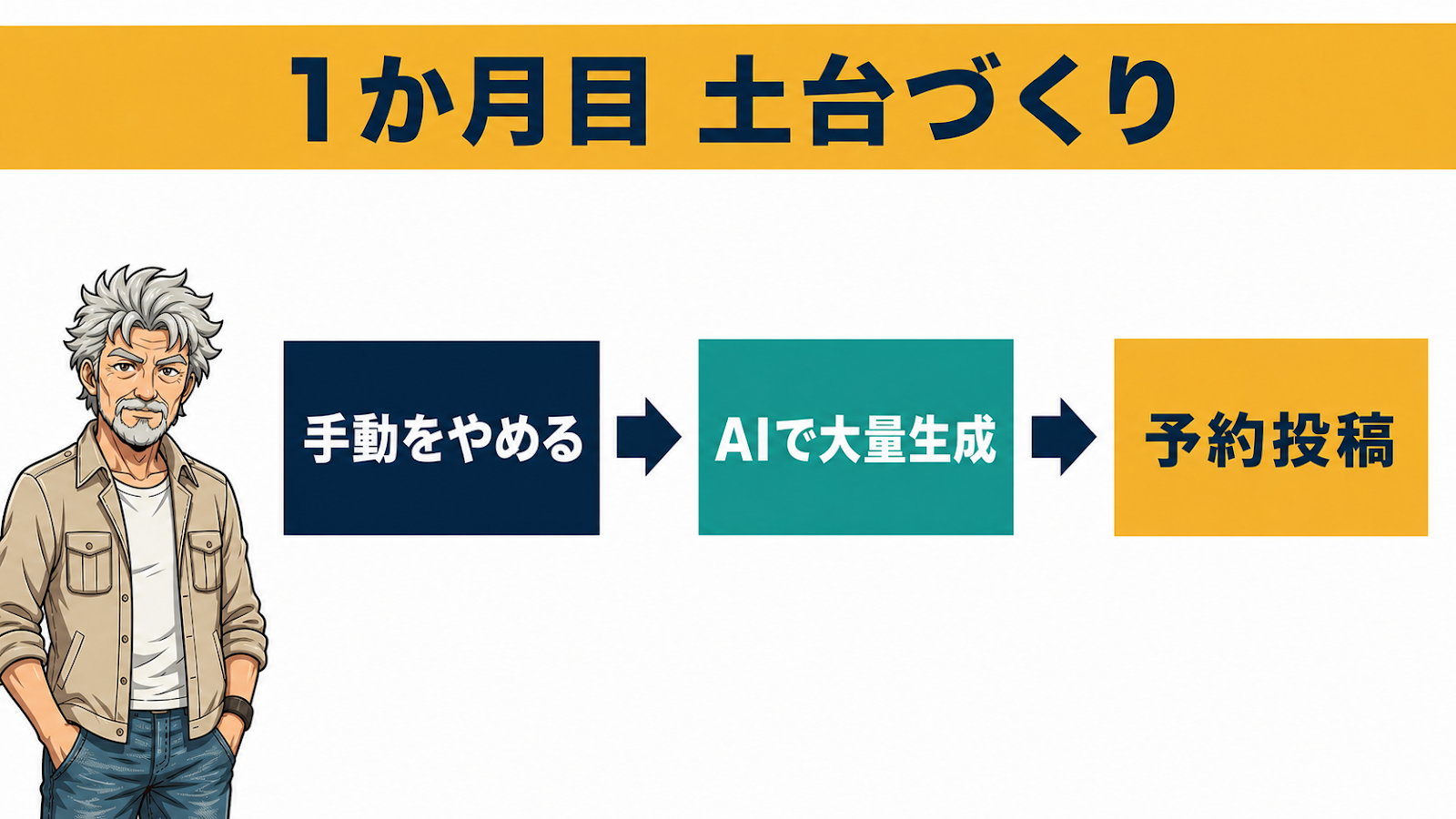 1か月目は手動をやめAIで大量生成し予約投稿する土台づくりの図