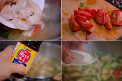Tiếp theo, cho tôm, nấm, hành lá cắt nhỏ, cà chua, 45ml nước mắm và nước cốt 1 trái chanh vào cùng một lượt, đến khi thấy nấm mềm, tôm chín chuyển sau màu hồng đỏ thì tắt bếp, rắc lên ít rau ngò trang trí.