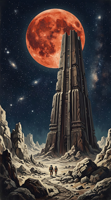 Retro Sci-Fi Illustration of a Monolithic Spire Under a Giant Red Moon - Free mobile Wallpaper