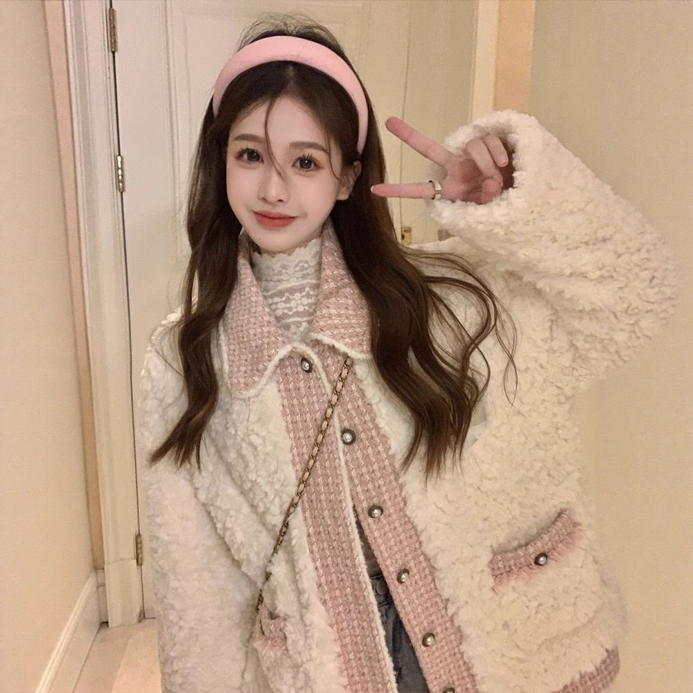 Lamb fleece jacket for women, lined, loose fit
