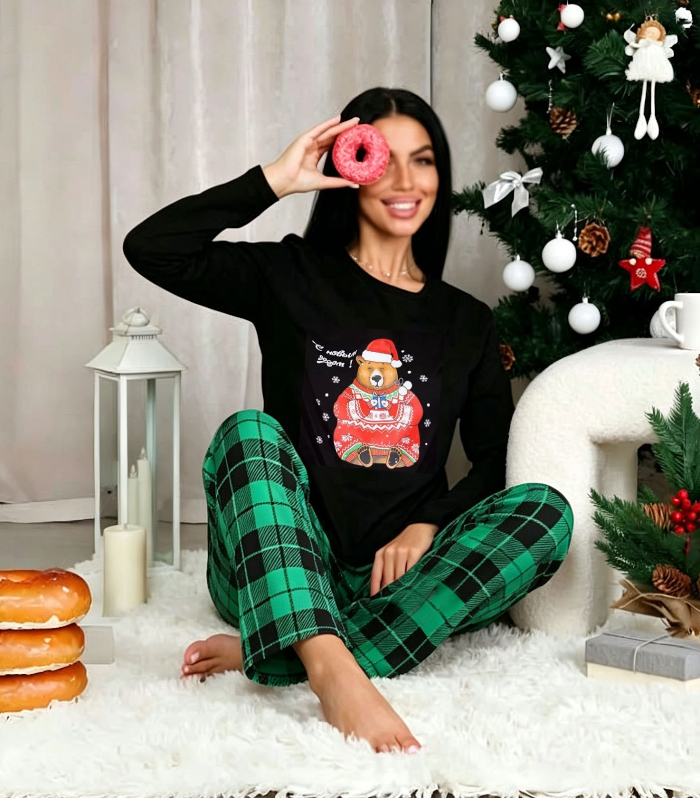 Women's Pajama Set, Long Sleeve, Checked, for Cozy Hours
