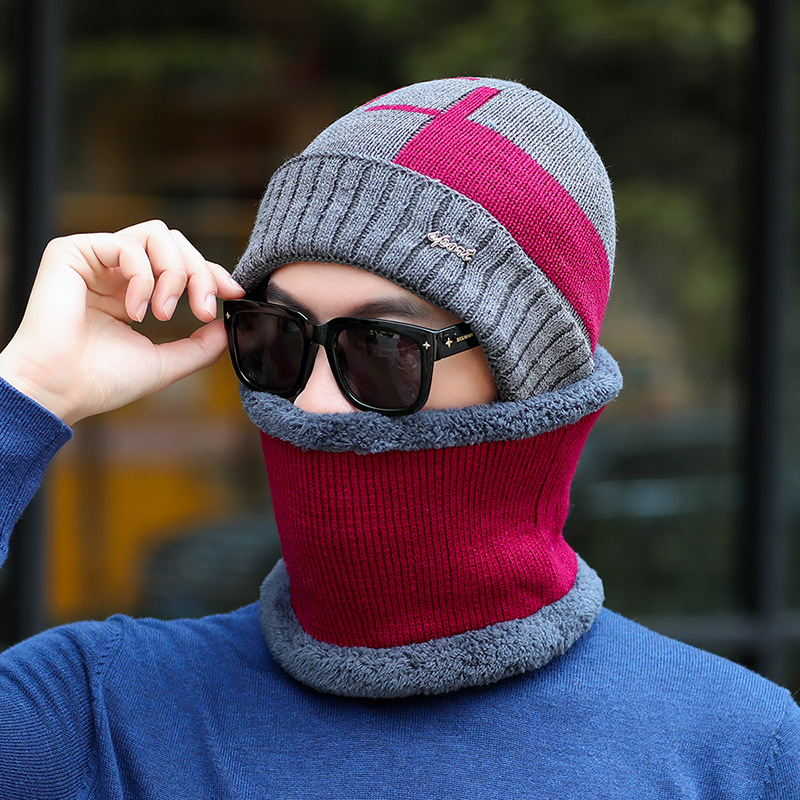 Men's knitted hat and scarf set, lined, warm