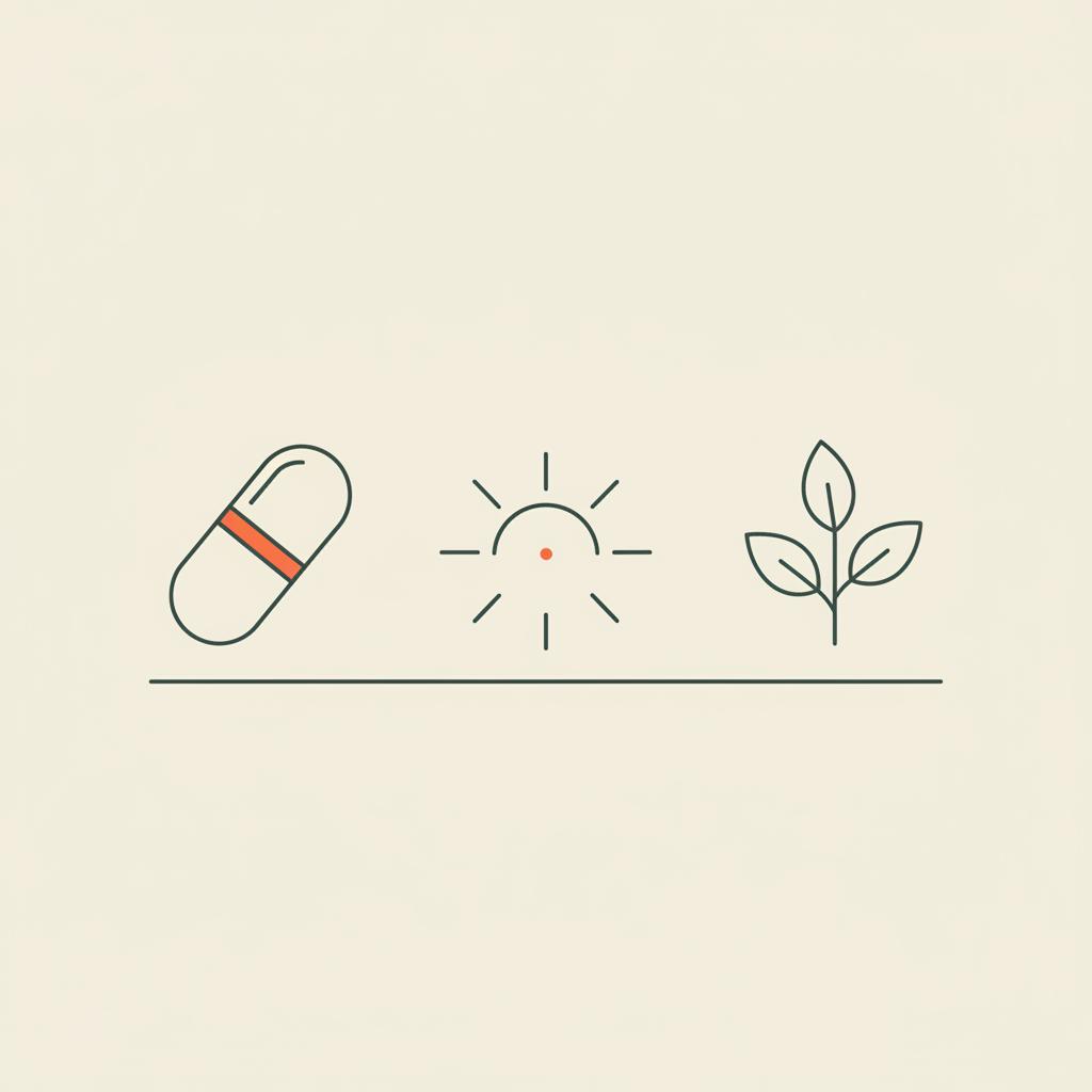 Minimal Tonum-style line-art of a capsule, vitamin D sun icon and magnesium leaf on beige background representing best vitamin to lower blood sugar