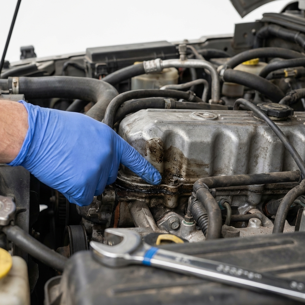 Close up of a used Jeep engine bay with a mechanic pointing to oil residue during inspection at a jeep car dealer near me