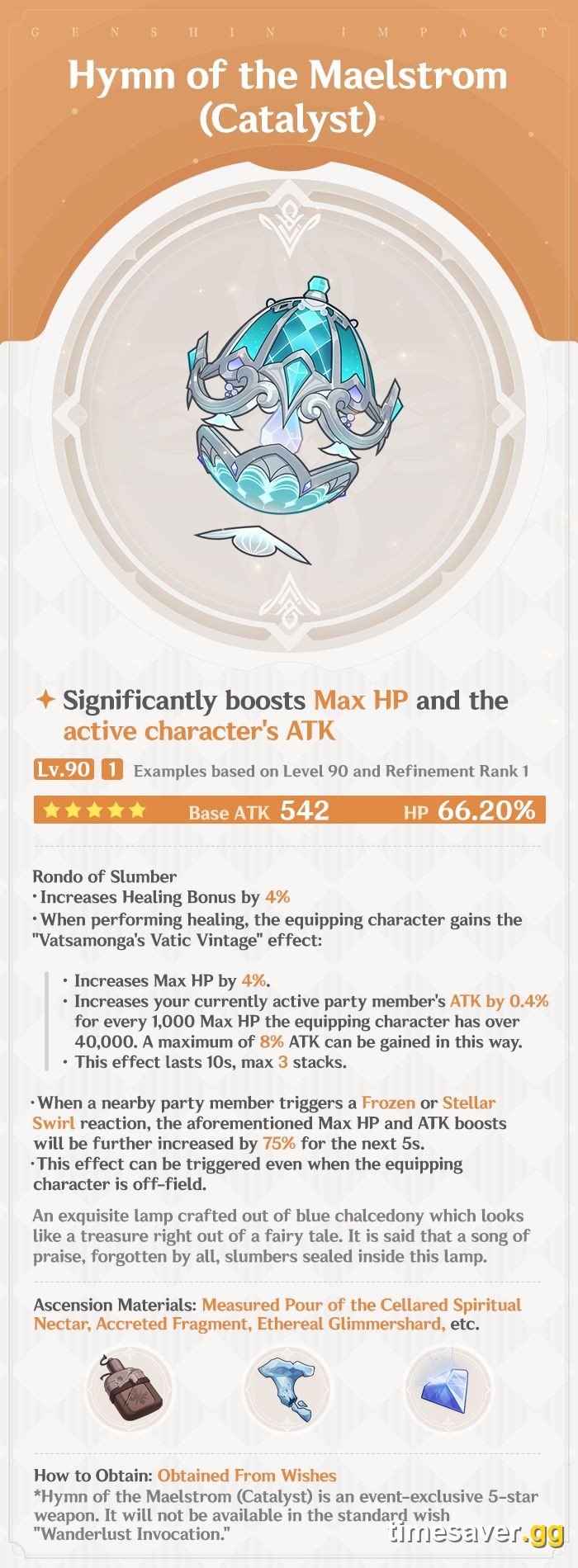 Official Genshin Impact Version 7.1 weapon card for Hymn of the Maelstrom, a five-star catalyst with 542 Base ATK and 66.20 percent Max HP