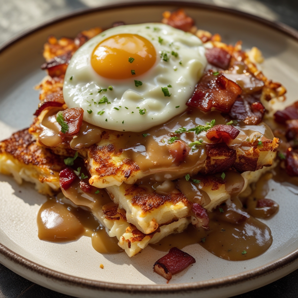 Egg Topped Hash Browns with Bacon Gravy Delight – Hearty Breakfast Idea for a Cozy Start