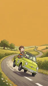Cartoon Illustration of a Quirky Character Driving a Small Green Car