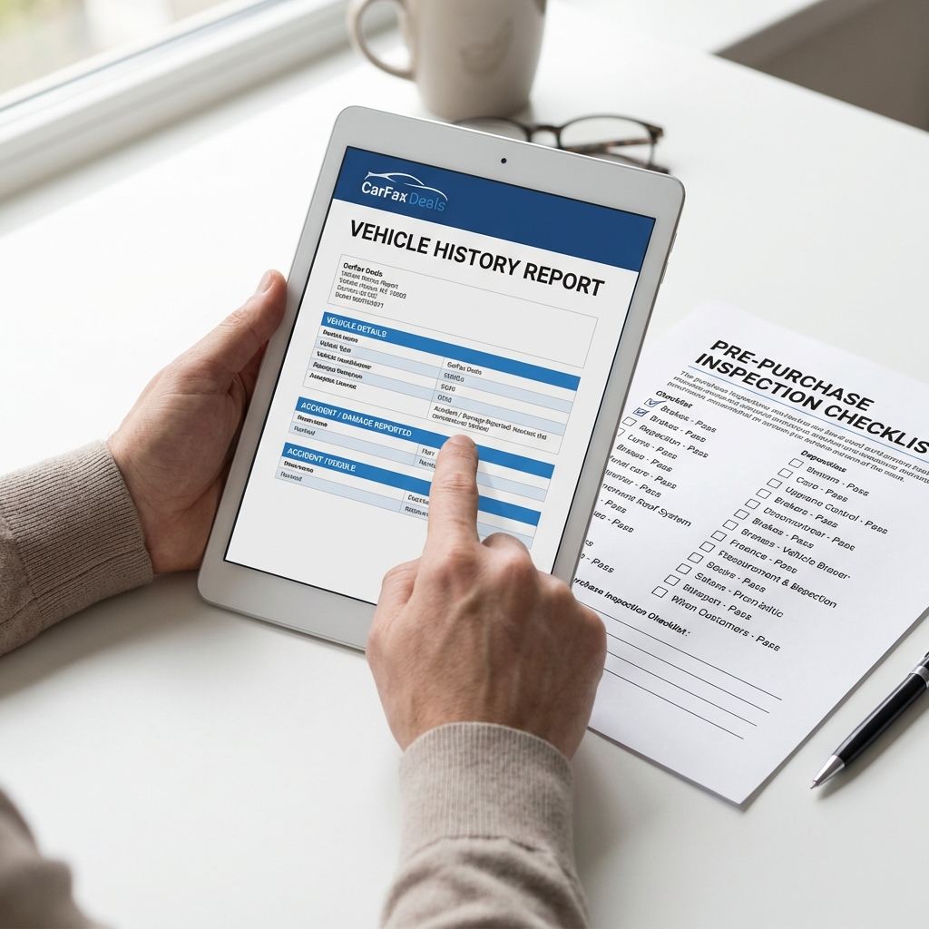 Close up of tablet showing vehicle history report beside printed pre purchase inspection checklist being reviewed by hands when evaluating minivans for sale