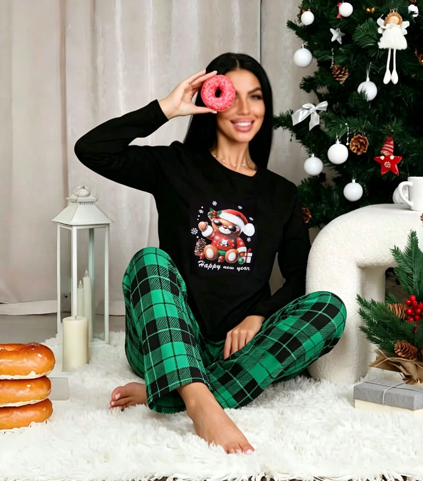 Women's Pajama Set, Long Sleeve, Checked, for Cozy Hours