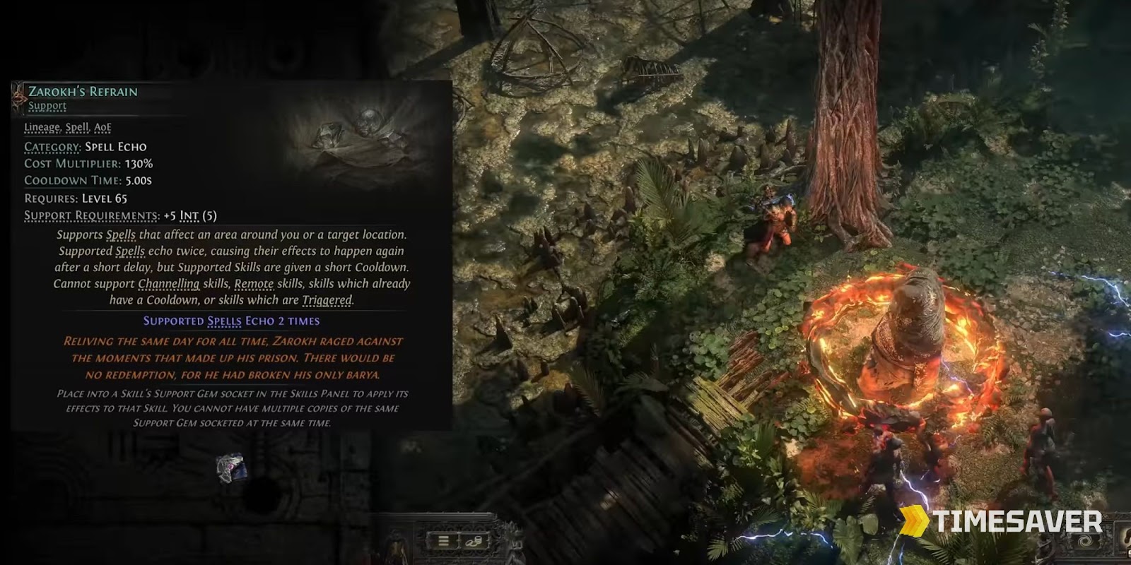 A PoE2 Lineage support gem (Zarokh's Refrain) dropping in-game with its tooltip