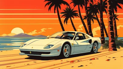 Ai Art, Sports Car, Sunset, Palm Trees, 1980S 2K Wallpaper Background