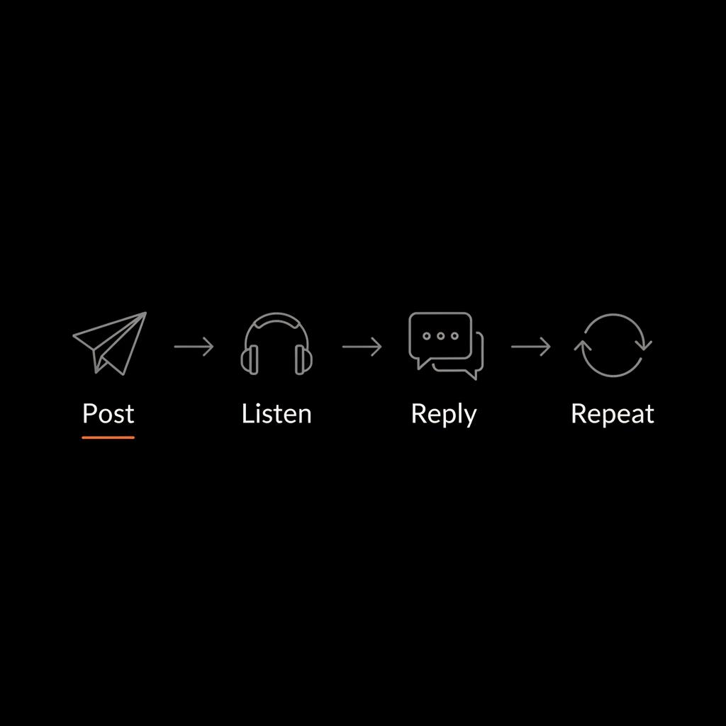 Minimal vector infographic on black background showing flow 'Post → Listen → Reply → Repeat' with gray icons (#dddddd) and #dc5c2b accents — Is TikTok still banned in the US
