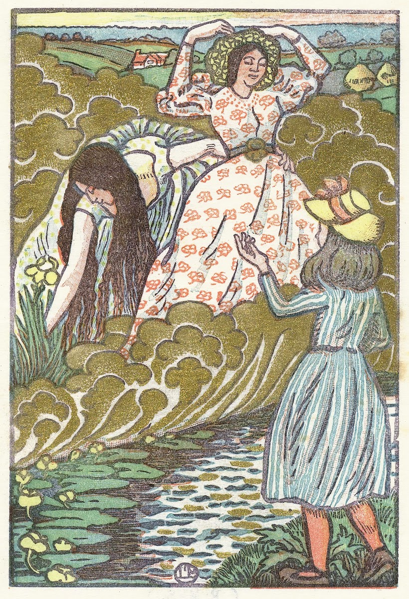 Een meisje en twee vrouwen bij een beek 1894