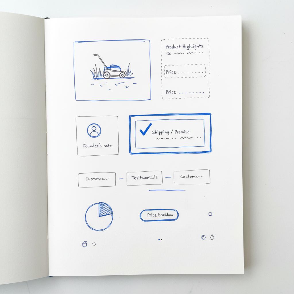 Close-up hand-sketched notebook wireframe of a lawn-care product page with photo area, founder-note placeholder, shipping promise box and customer quote placeholders &mdash; How many lawn care businesses fail?