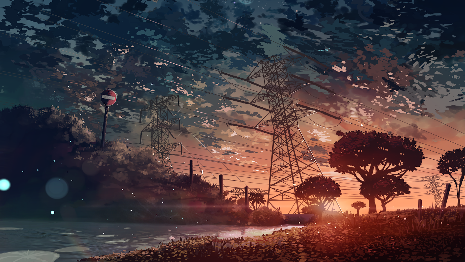 A Stunning Anime, Landscape, Digital Art, Sunset, Power Lines Full HD Desktop and Mobile Wallpaper Background (2123x1195)