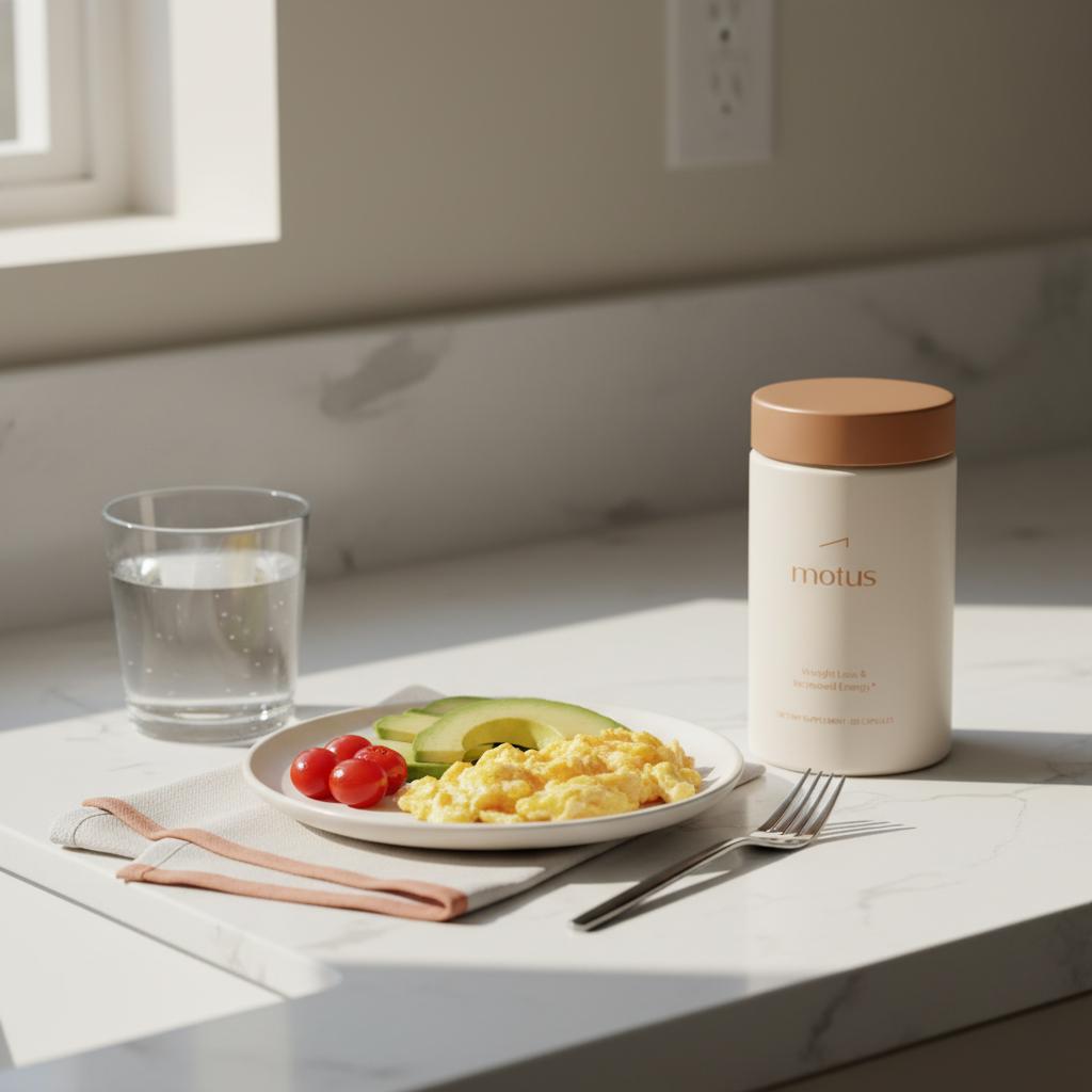 Motus supplement as an appetite suppressant on a minimalist kitchen counter next to a protein-rich breakfast plate and a glass of water, Tonum aesthetic.