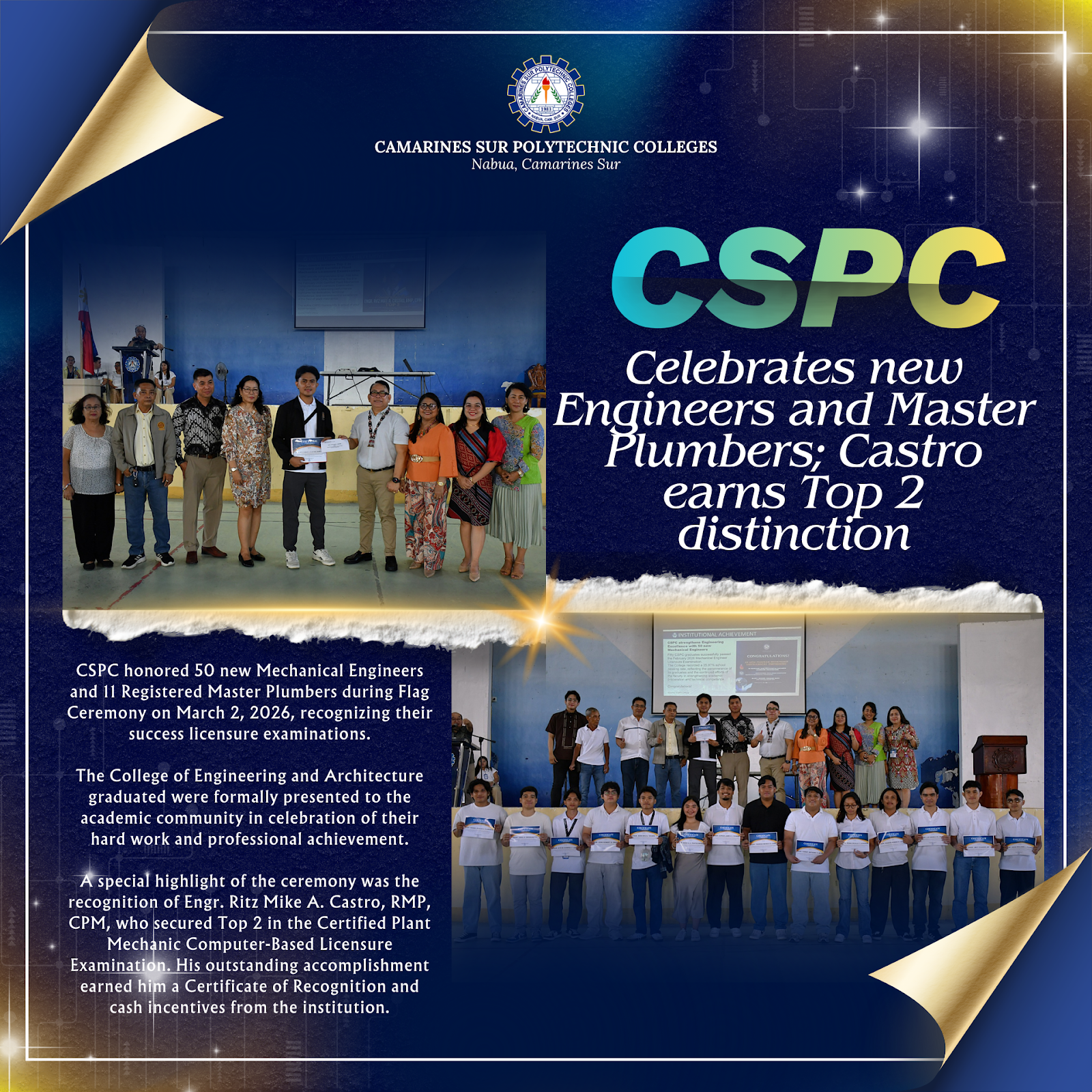 𝗖𝗦𝗣𝗖 𝗛𝗼𝗻𝗼𝗿𝘀 𝟱𝟬 𝗡𝗲𝘄 𝗠𝗲𝗰𝗵𝗮𝗻𝗶𝗰𝗮𝗹 𝗘𝗻𝗴𝗶𝗻𝗲𝗲𝗿𝘀, 𝟭𝟭 𝗥𝗲𝗴𝗶𝘀𝘁𝗲𝗿𝗲𝗱 𝗠𝗮𝘀𝘁𝗲𝗿 𝗣𝗹𝘂𝗺𝗯𝗲𝗿𝘀; 𝗧𝗼𝗽 𝟮 𝗖𝗲𝗿𝘁𝗶𝗳𝗶𝗲𝗱 𝗣𝗹𝗮𝗻𝘁 𝗠𝗲𝗰𝗵𝗮𝗻𝗶𝗰 𝗥𝗲𝗰𝗼𝗴𝗻𝗶𝘇𝗲𝗱