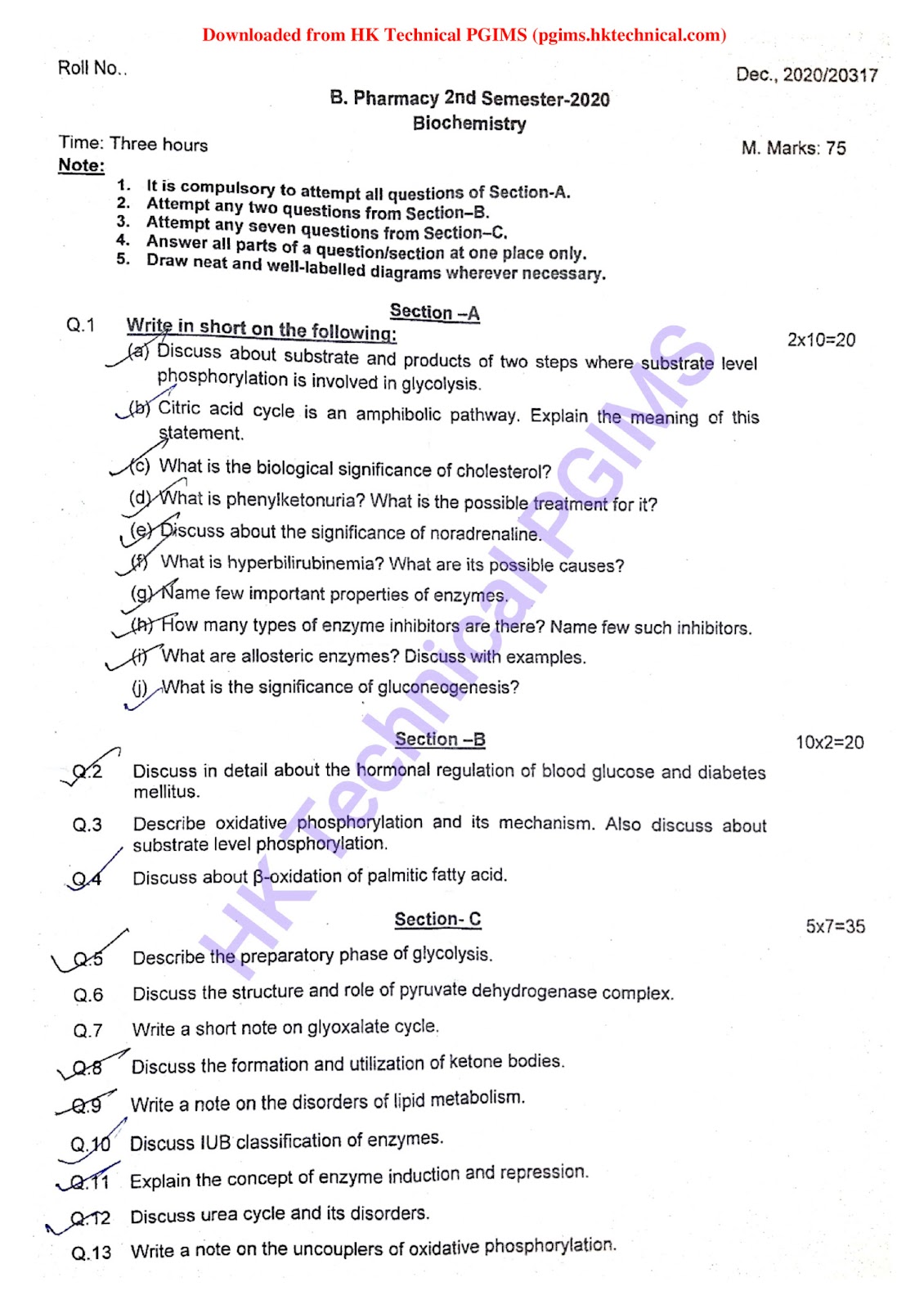 Biochemistry 2nd Semester B.Pharmacy Previous Year's Question Paper,BP203T Biochemistry,BPharmacy,Previous Year's Question Papers,BPharm 2nd Semester,