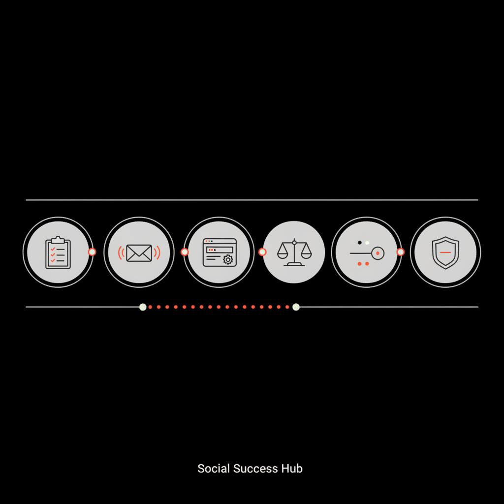 Minimal flat 2D vector flowchart illustrating how to delete Google search results with five icon steps: audit, outreach, search tools, legal, suppression on a black background.